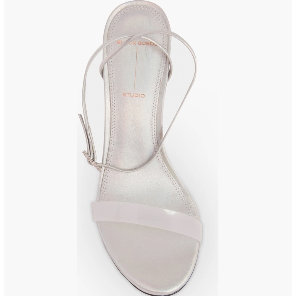 Black Suede Studio Carrie High Heel Sandal in Silver, Size: 8.5